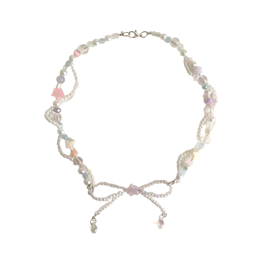 Cotton Candy Bow Pearl Necklace